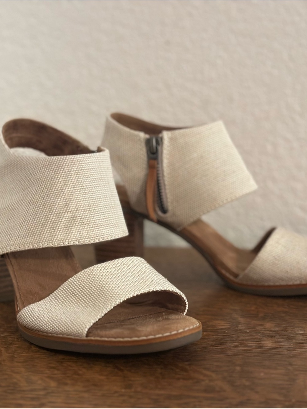 TOMS Woven Cream Block Heel Sandals with Ankle Zip